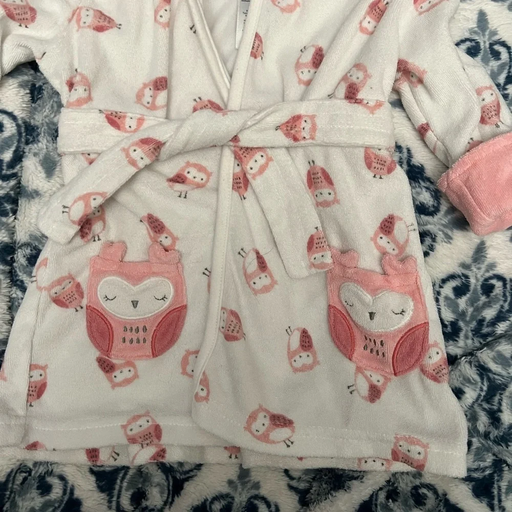 Just One You Carters Pink and White Owls Baby Girl Hooded Bathrobe Sz 0-9